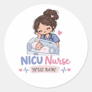 Cute NICU Nurse Newborn Baby Name Design Classic Round Sticker