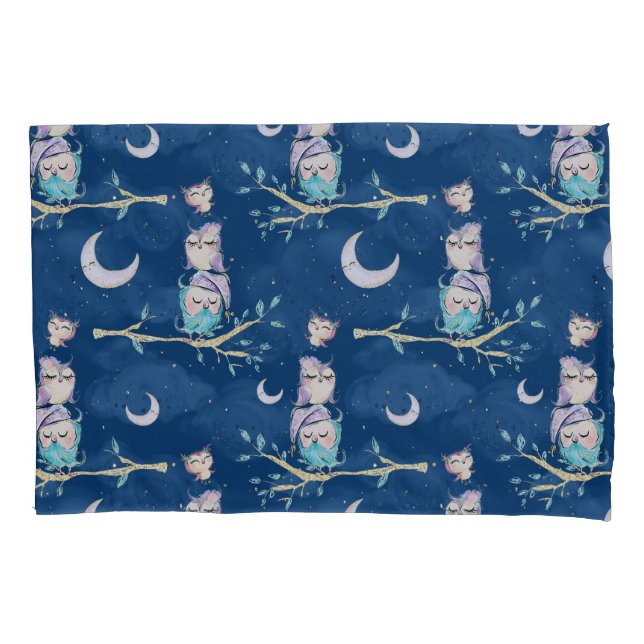 Cute Night Owls Glitter Moon Pink Blue Starlight Pillowcase (Front)