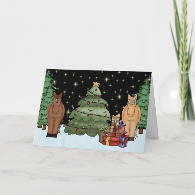 Cute Night-time Horses, Christmas Tree and Gifts Holiday Card (Front)