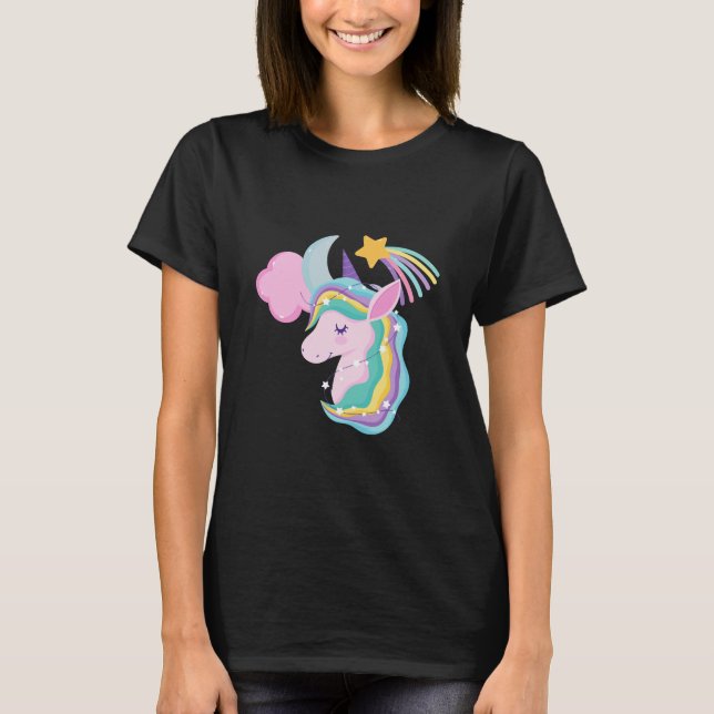 Cute Night Unicorn Starry Night Girl Tee Magical  (Front)
