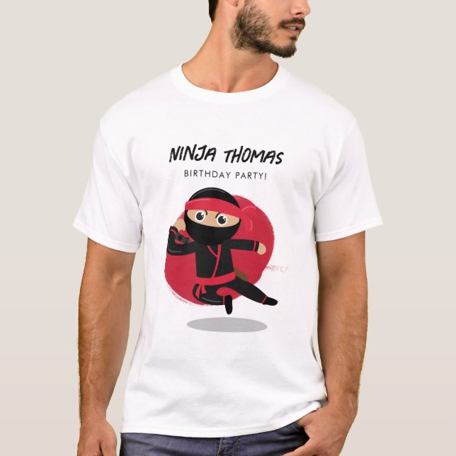 Cute Ninja Black & Red Kids Birthday Party Dad T-Shirt (Front)