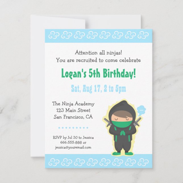 Cute Ninja Boy Kids Birthday Party Invitations (Front)
