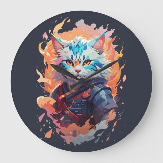 Cute Ninja Cat Warrior Design Large Clock (Front)