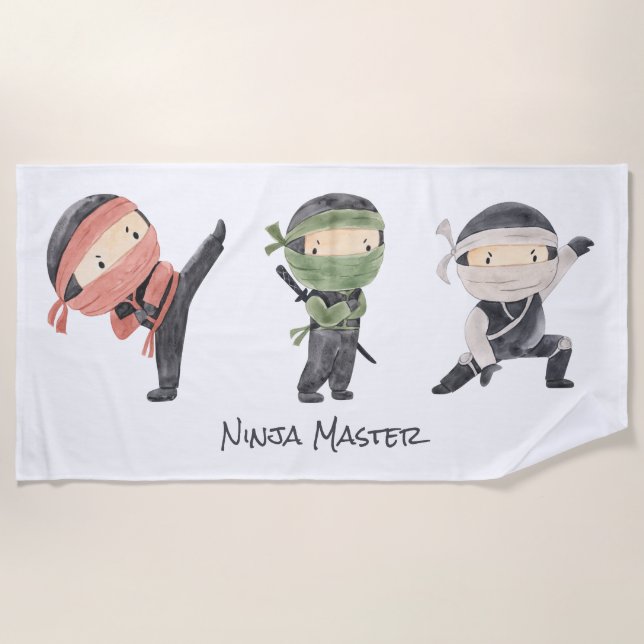 Cute Ninja - Gender Neutral Kids Watercolor Design Beach Towel (Front)