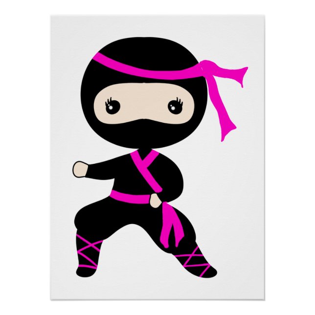 Cute Ninja Kids Warrior Girl Pink Bday Party  Poster (Front)