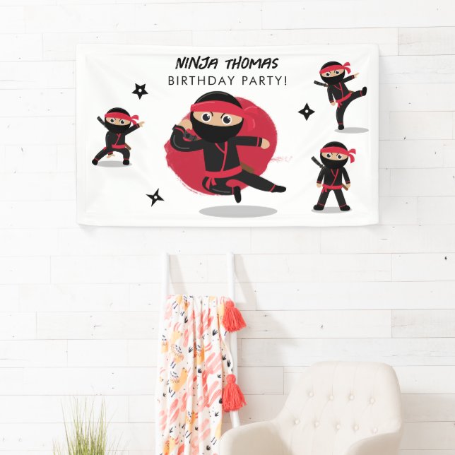 Cute Ninja Warrior Black & Red Kids Birthday Party Banner (Insitu)