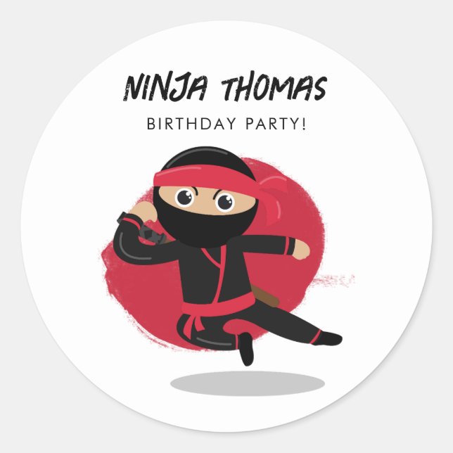 Cute Ninja Warrior Black & Red Kids Birthday Party Classic Round Sticker (Front)