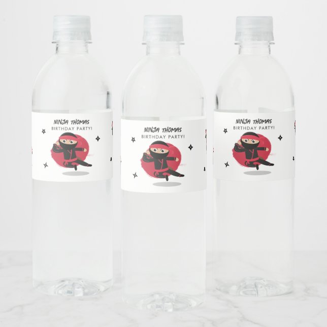 Cute Ninja Warrior Black & Red Kids Birthday Party Water Bottle Label (Bottles)