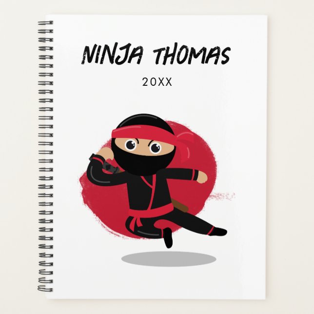 Cute Ninja Warrior Black & Red Kids Calendar  Planner (Front)