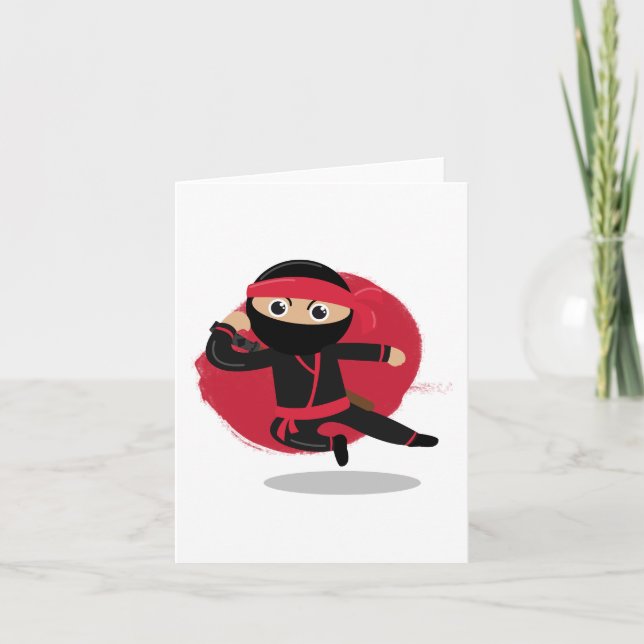Cute Ninja Warrior Black & Red Kids Card (Front)