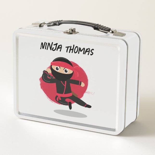Cute Ninja Warrior Black & Red Kids Custom Name  Metal Lunch Box (Front)