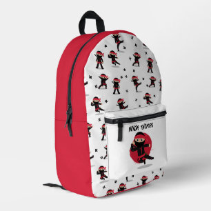 Cute Ninja Warrior Black & Red Kids School Printed Backpack