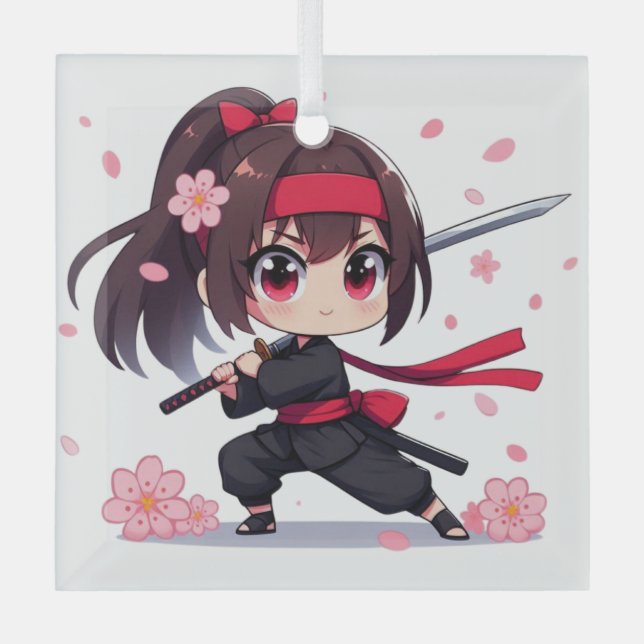 Cute ninja warrior blossom girl glass tree decoration (Front)