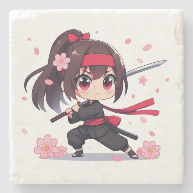 Cute ninja warrior blossom girl stone coaster (Front)