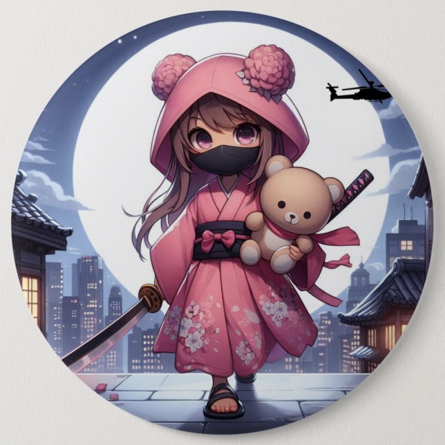 Cute ninja warrior girl & teddy 6 cm round badge (Front)