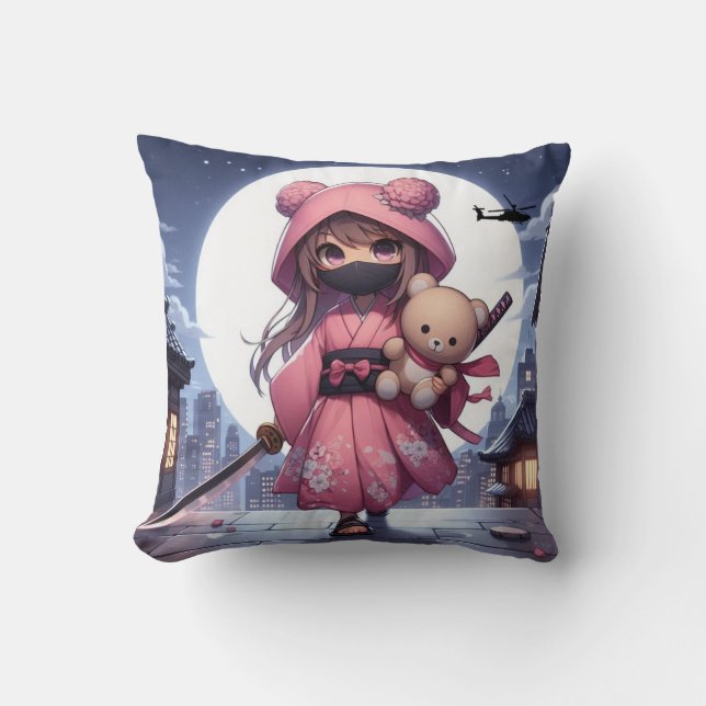 Cute ninja warrior girl & teddy cushion (Front)