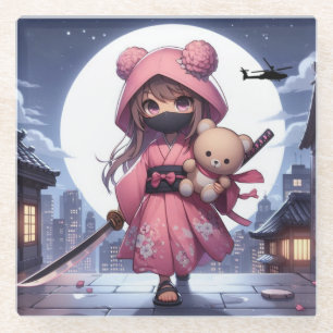 Cute ninja warrior girl & teddy glass coaster