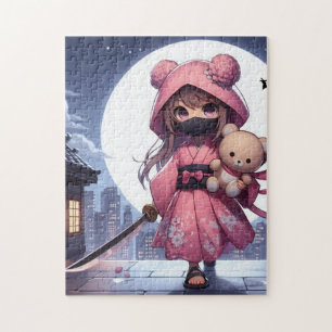 Cute ninja warrior girl & teddy jigsaw puzzle