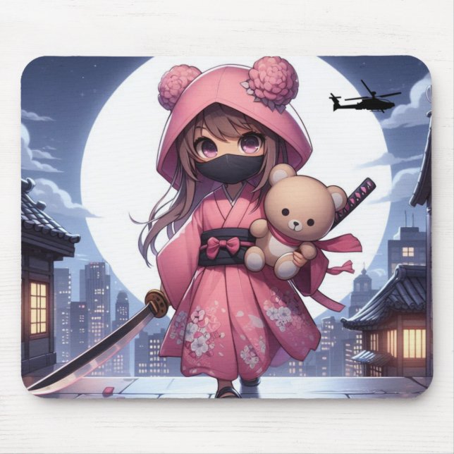 Cute ninja warrior girl & teddy mouse mat (Front)