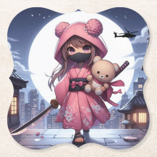 Cute ninja warrior girl & teddy paper coaster