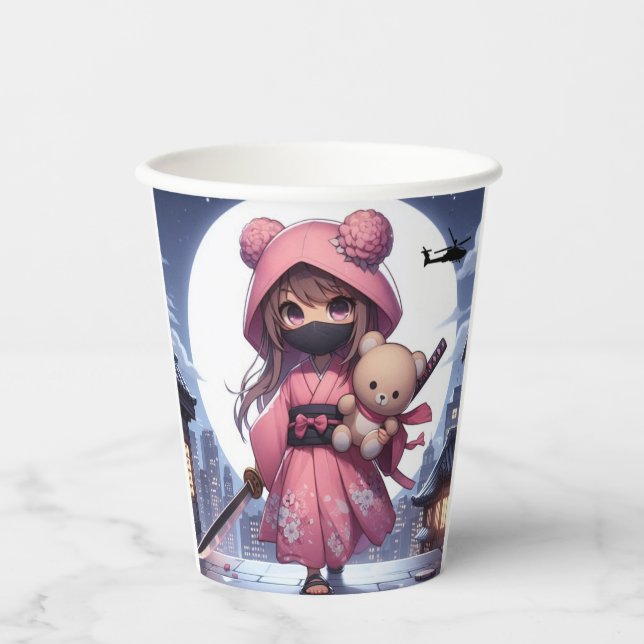 Cute ninja warrior girl & teddy paper cups (Front)