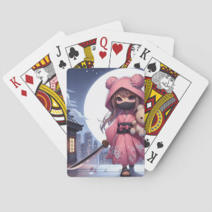 Cute ninja warrior girl & teddy playing cards
