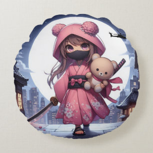 Cute ninja warrior girl & teddy round cushion