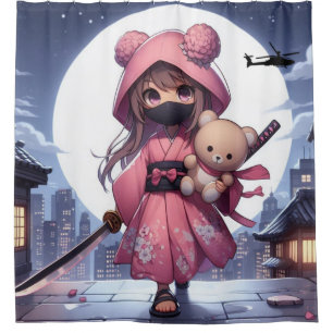 Cute ninja warrior girl & teddy shower curtain