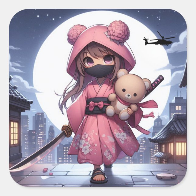 Cute ninja warrior girl & teddy square sticker (Front)