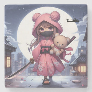 Cute ninja warrior girl & teddy stone coaster
