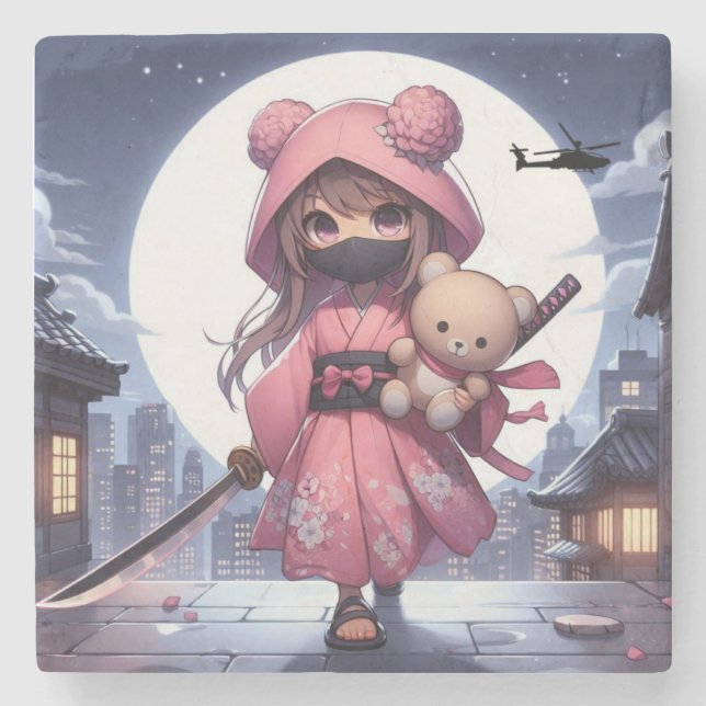 Cute ninja warrior girl & teddy stone coaster (Front)