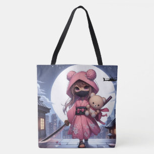 Cute ninja warrior girl & teddy tote bag