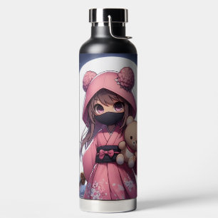 Cute ninja warrior girl & teddy water bottle