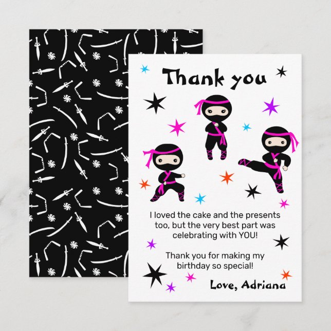 Cute Ninja Warrior Girls Pink Birthday Party  Thank You Card (Front/Back)
