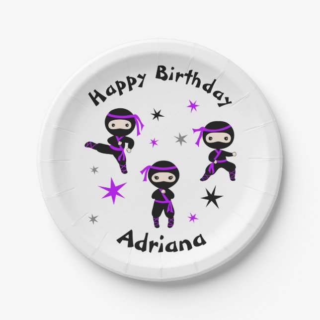 Cute Ninja Warrior Kids Birthday Party Purple  Paper Plate (Front)