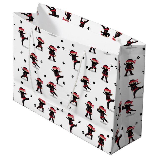Cute Ninja Warrior Kids Black & Red Pattern Large Gift Bag (Front Angled)