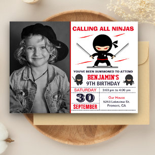 Cute Ninja Warrior Kids Photo Birthday Party Invitation