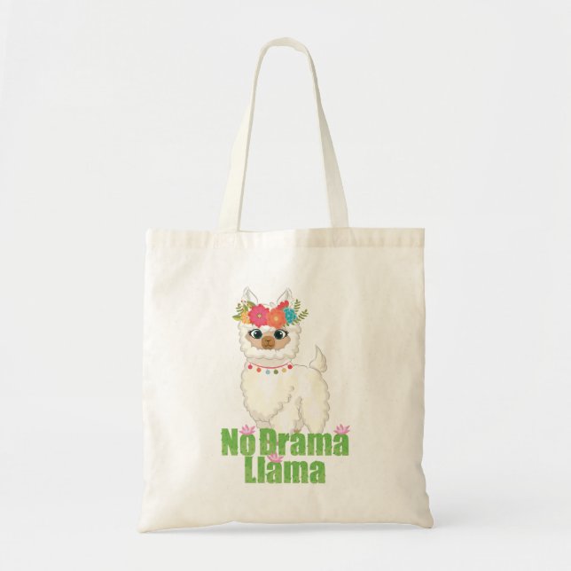 Cute No Drama Llama With Floral Crown Tote Bag (Front)