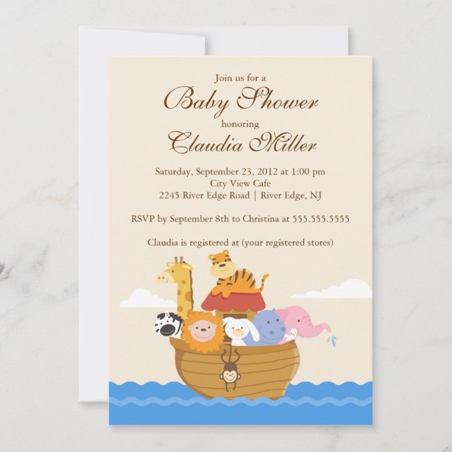 Cute Noah"s Ark Baby Girl or Baby Boy Shower Invitation (Front)