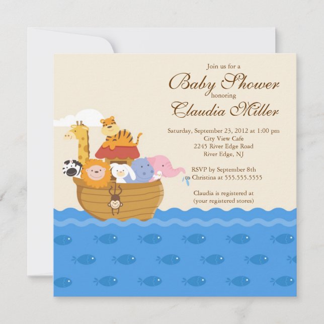 Cute Noah"s Ark Baby Girl or Baby Boy Shower Invitation (Front)