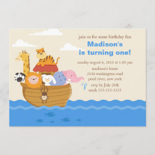 Cute Noah's Ark 1st Birthday Invitation