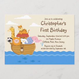 Cute Noah's Ark Baby Animals Birthday Party Invitation
