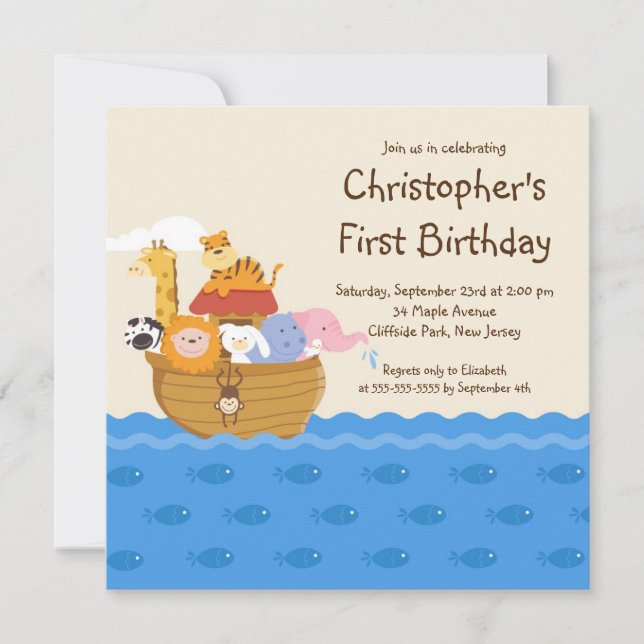 Cute Noah's Ark Baby Animals Birthday Party Invitation (Front)