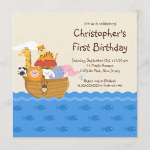 Cute Noah's Ark Baby Animals Birthday Party Invitation
