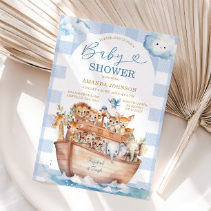 Cute Noah's Ark Blue Gingham Boho Baby Shower Invitation
