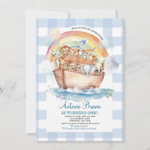 Cute Noah's Ark Blue Gingham First Birthday Invitation
