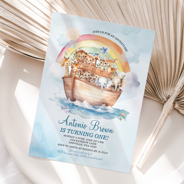 Cute Noah's Ark Blue Watercolor First Birthday Invitation (Creator Uploaded)