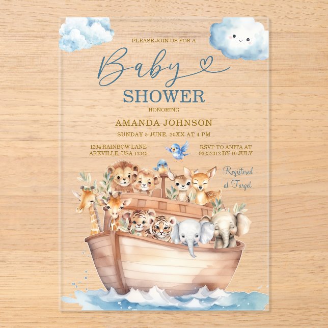 Cute Noah's Ark Gender Neutral Boho Baby Shower Acrylic Invitations (Front)