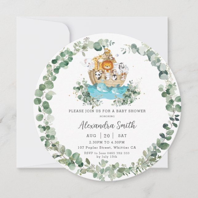 Cute Noah's Ark Greenery Neutral Baby Shower Round Invitation (Front)