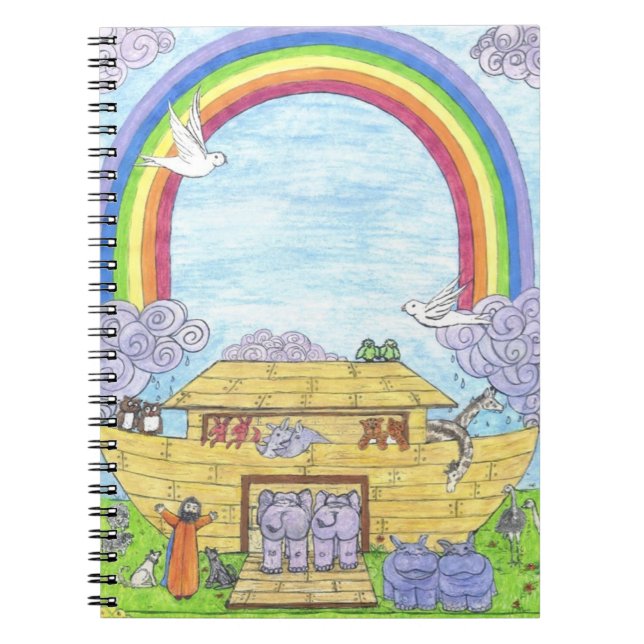 Cute Noah's Ark illustration elephants hippos owls Notebook (Front)